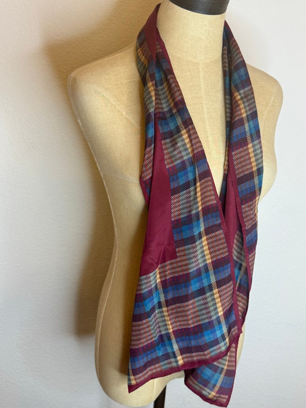Albert Nipon Vintage Maroon Blue Plaid Rectangle silk Neck scarf *FLAW*